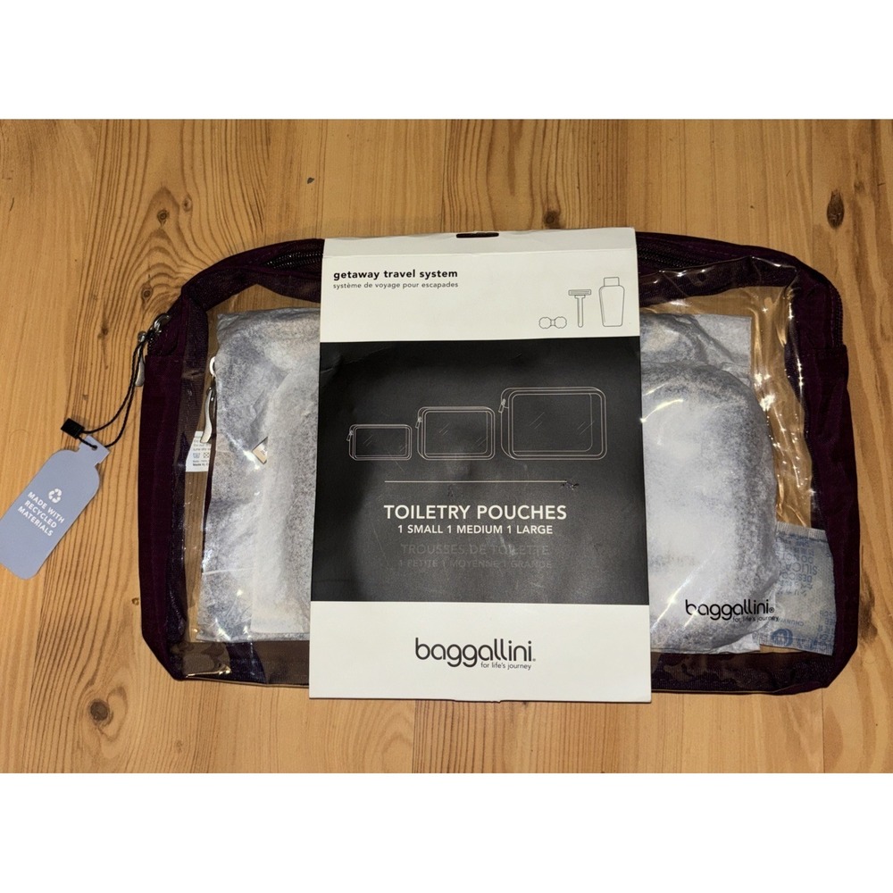 NWT Baggallini Travel Clear Toiletry Pouches 3 Piece Set Sm Med Lrg Purple Trim